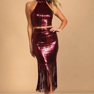 NWT Lulu's Burgundy Sequin High Neck Fringe Body Con Two Piece Set